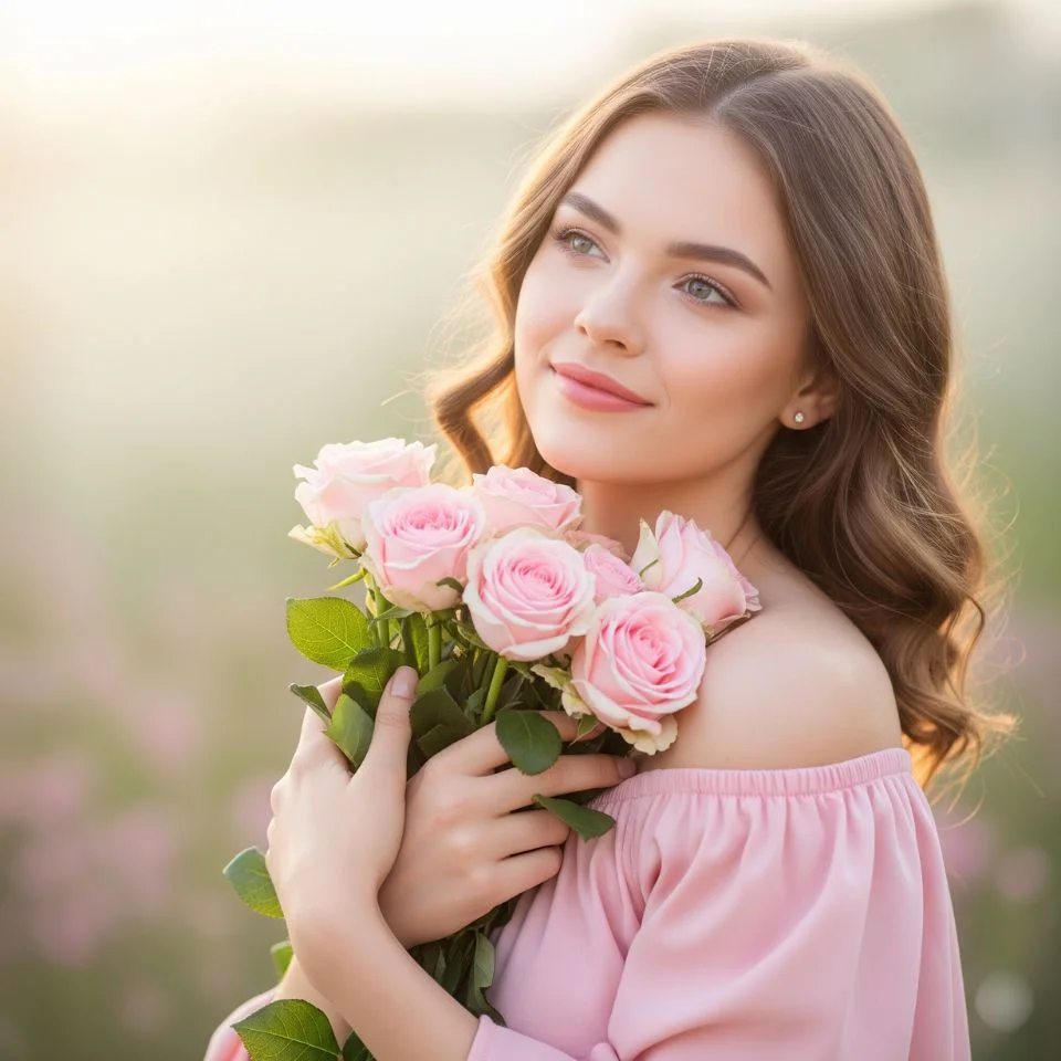 girl holding pastel pink roses with soft-focus background