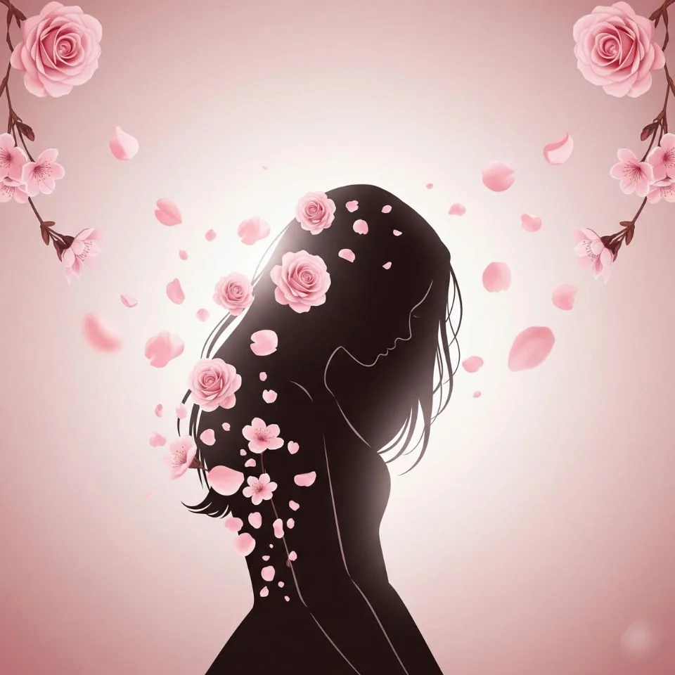 silhouette of girl surrounded by pink floral elements