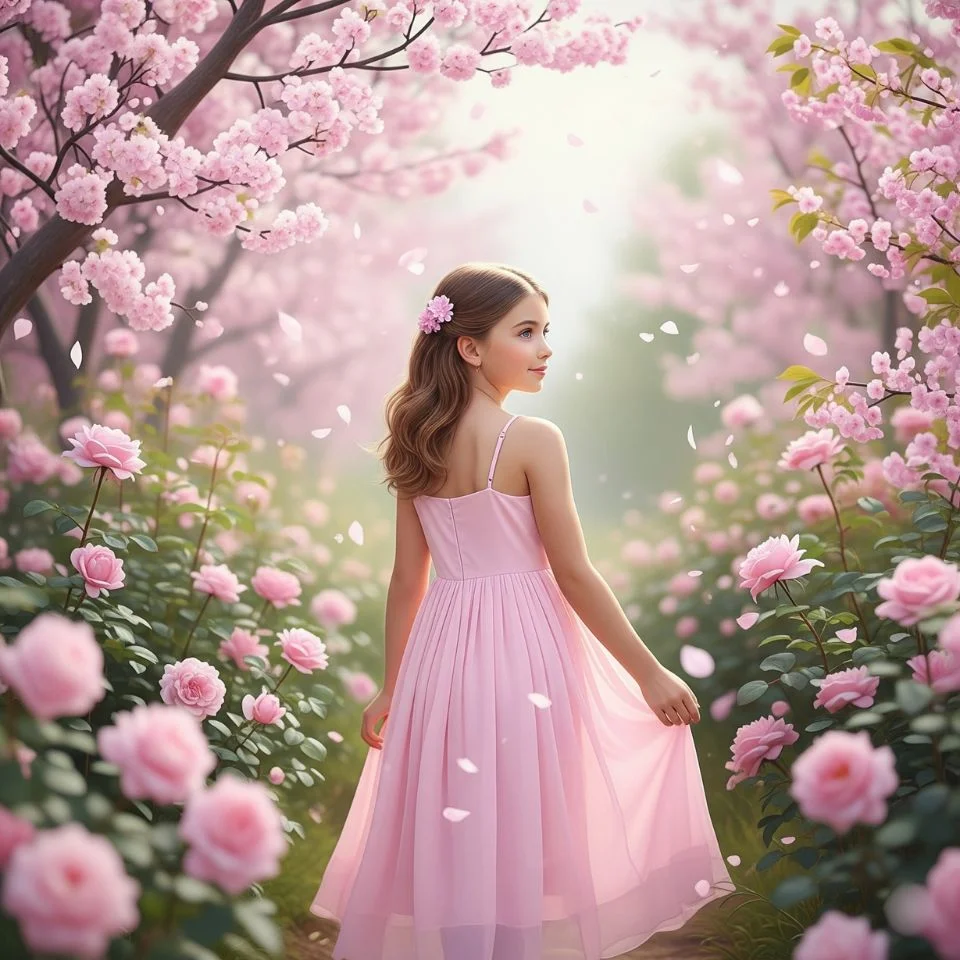 girl strolling in a garden with light pink blossoms