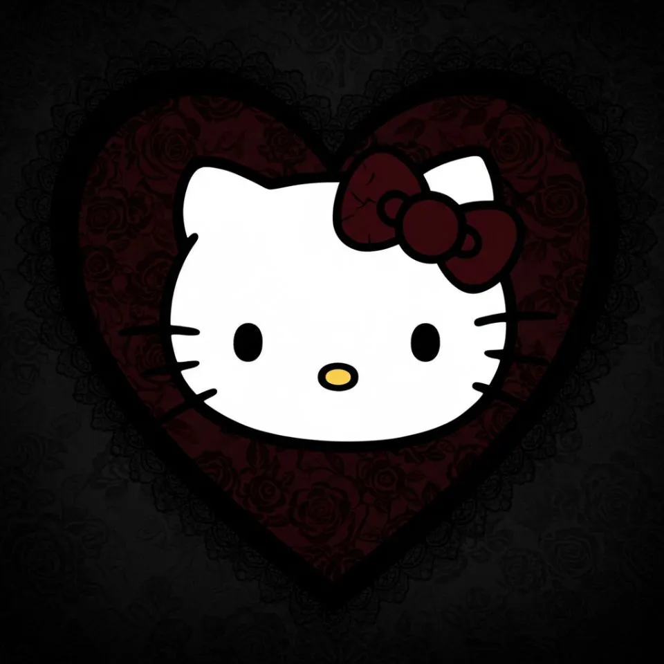 black-hello-kitty-gothic Black Hello Kitty PFP with gothic heart background