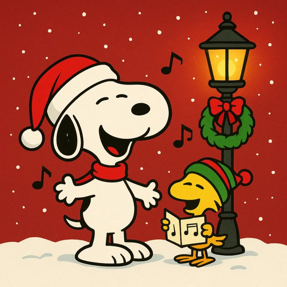 Snoopy singing Christmas carols with Woodstock