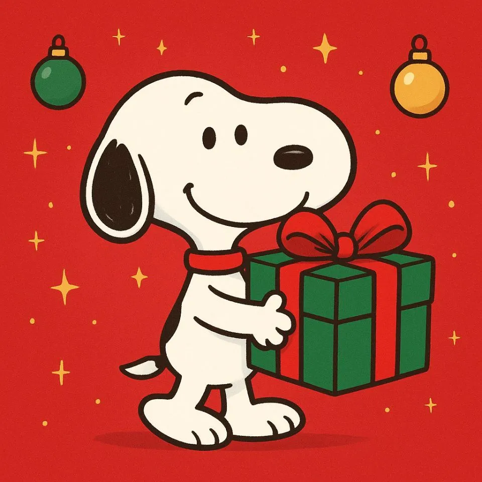 Snoopy holding wrapped Christmas present cartoon art