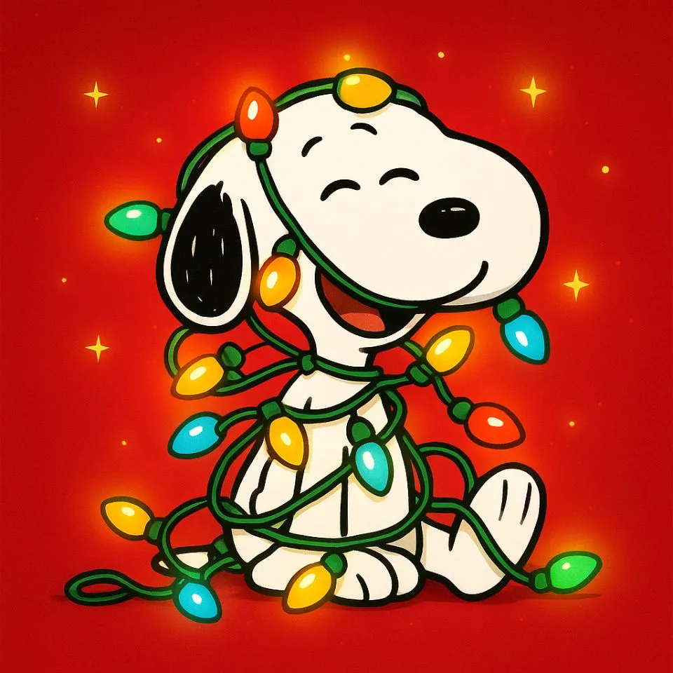 Snoopy tangled in colorful Christmas lights smiling
