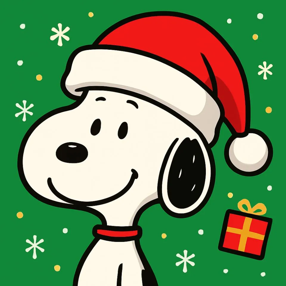 Snoopy wearing Santa hat smiling in cartoon style