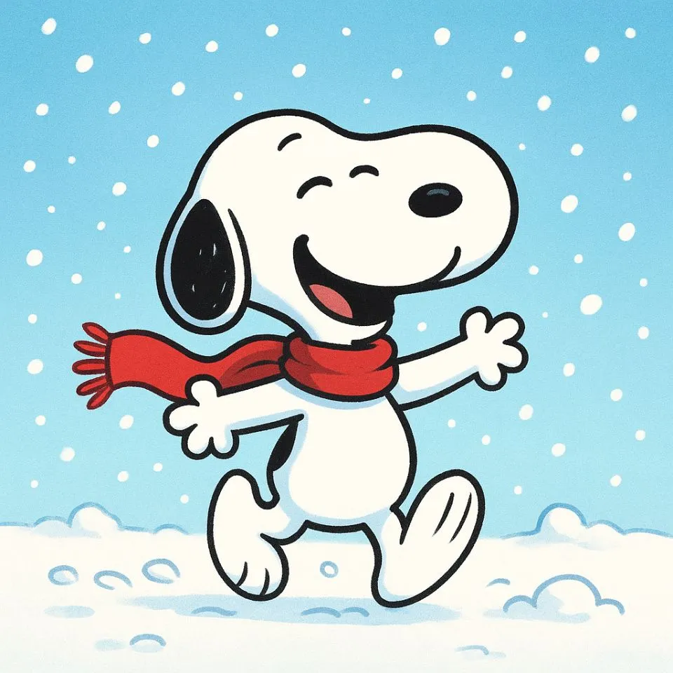 Snoopy playing in snow with winter scarf