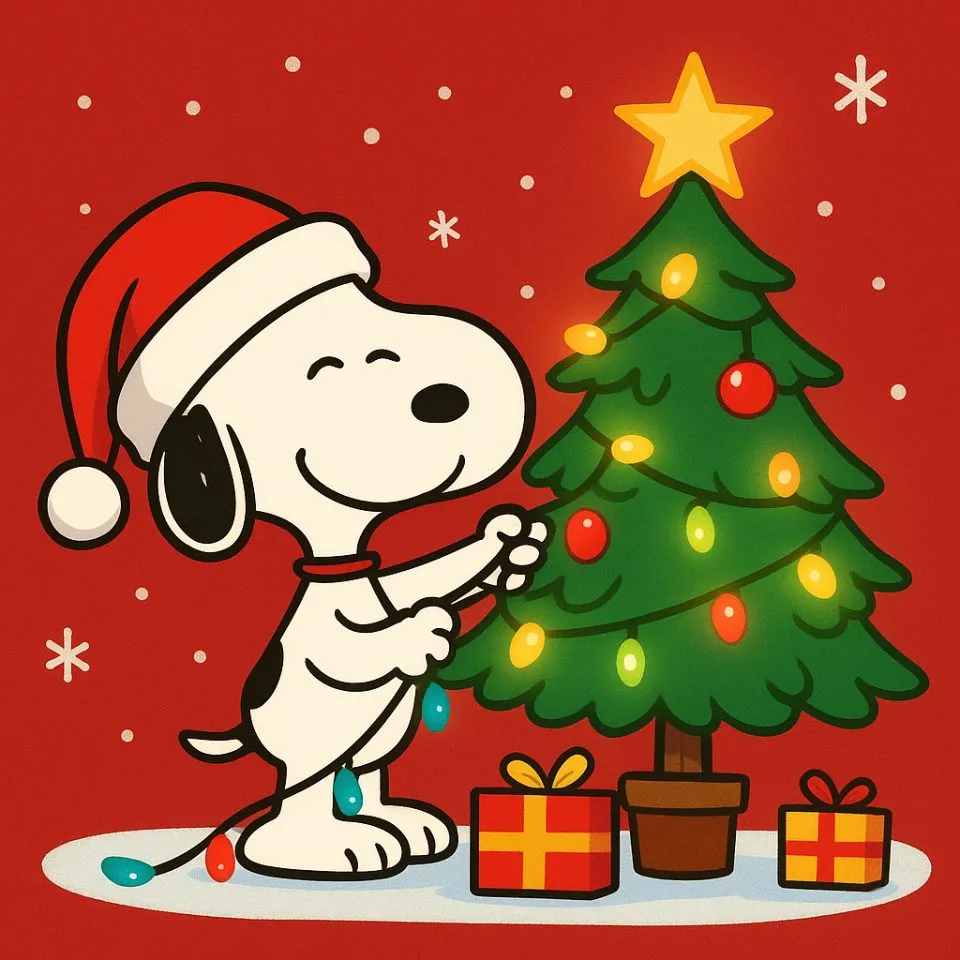 Snoopy decorating Christmas tree with lights