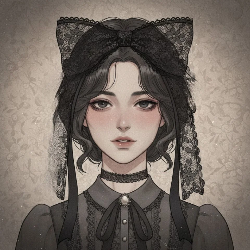 Dark Coquette PFP with lace bow and muted tones