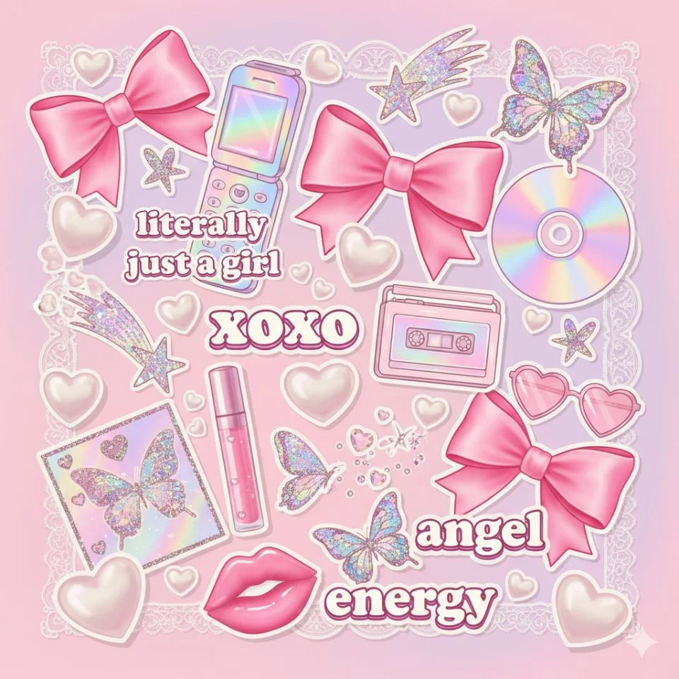 Coquette Y2K PFP with layered stickers and hearts