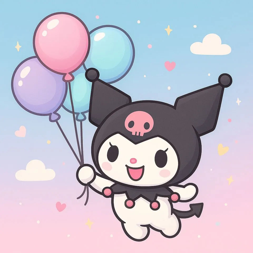 Kuromi holding pastel balloons cartoon art
