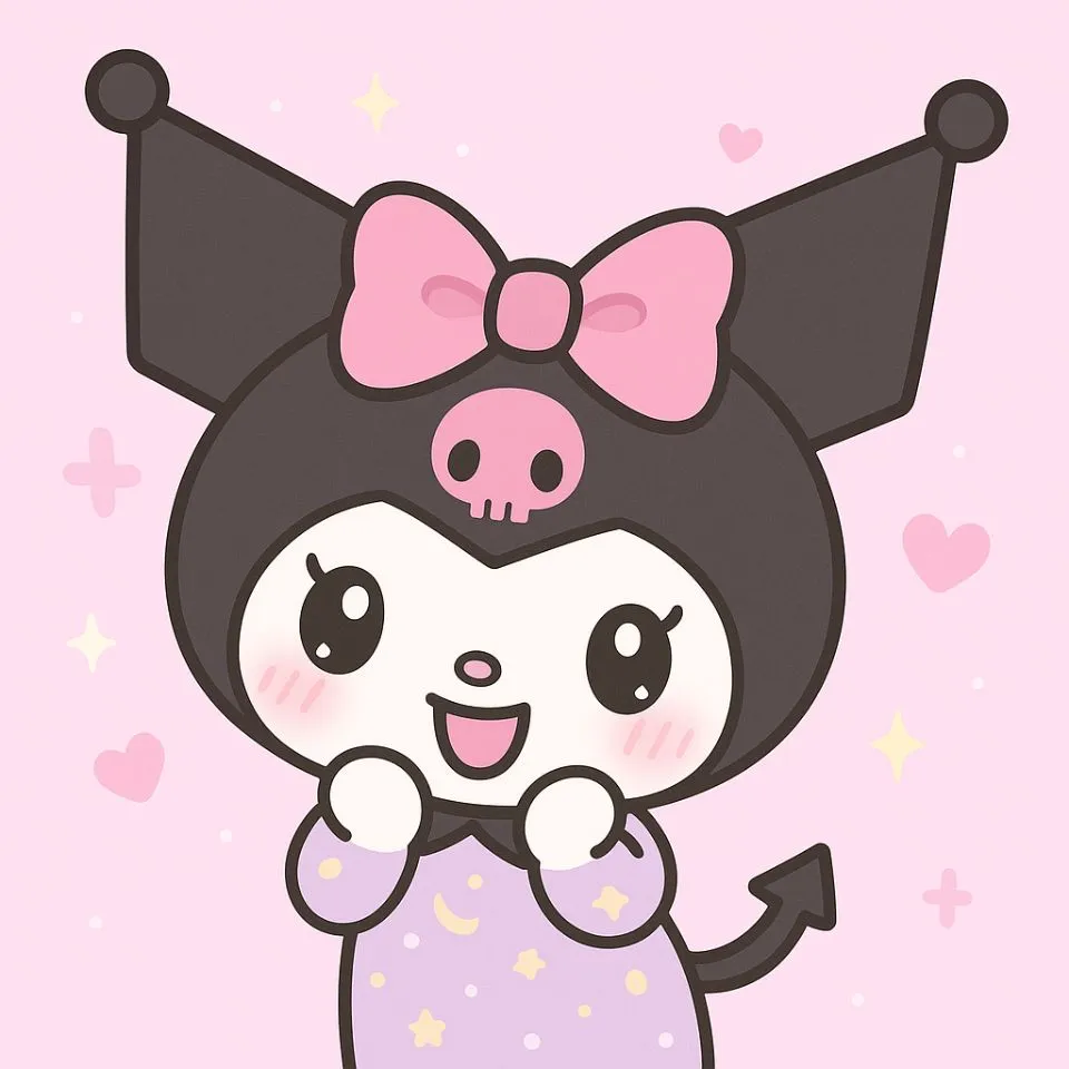 Kuromi wearing pink bow with happy smile