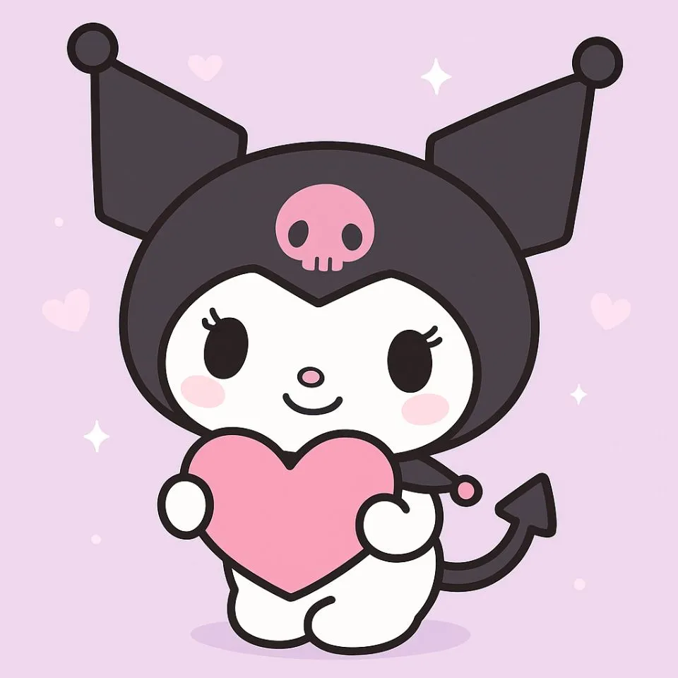 Kuromi holding a pink heart with sweet smile