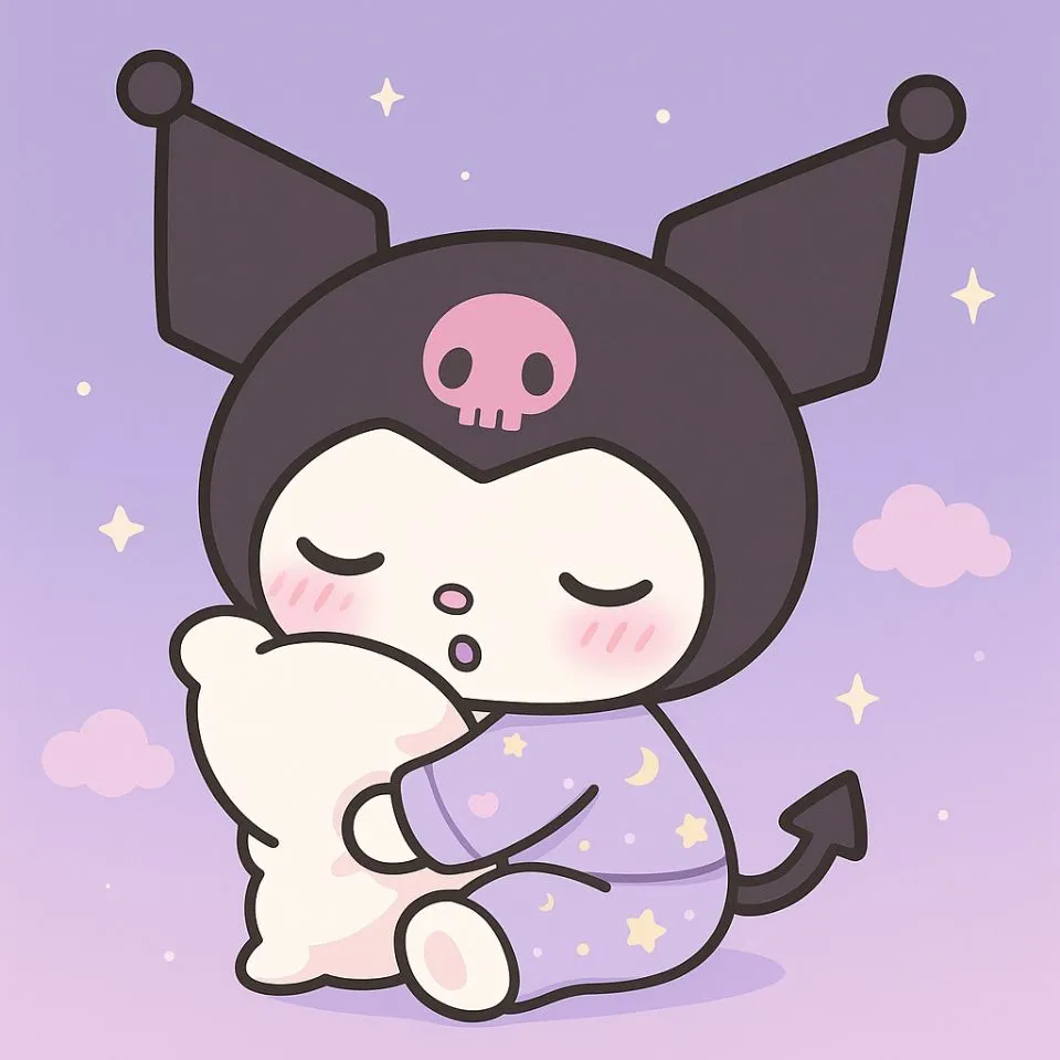 Kuromi in pastel pajamas hugging a pillow