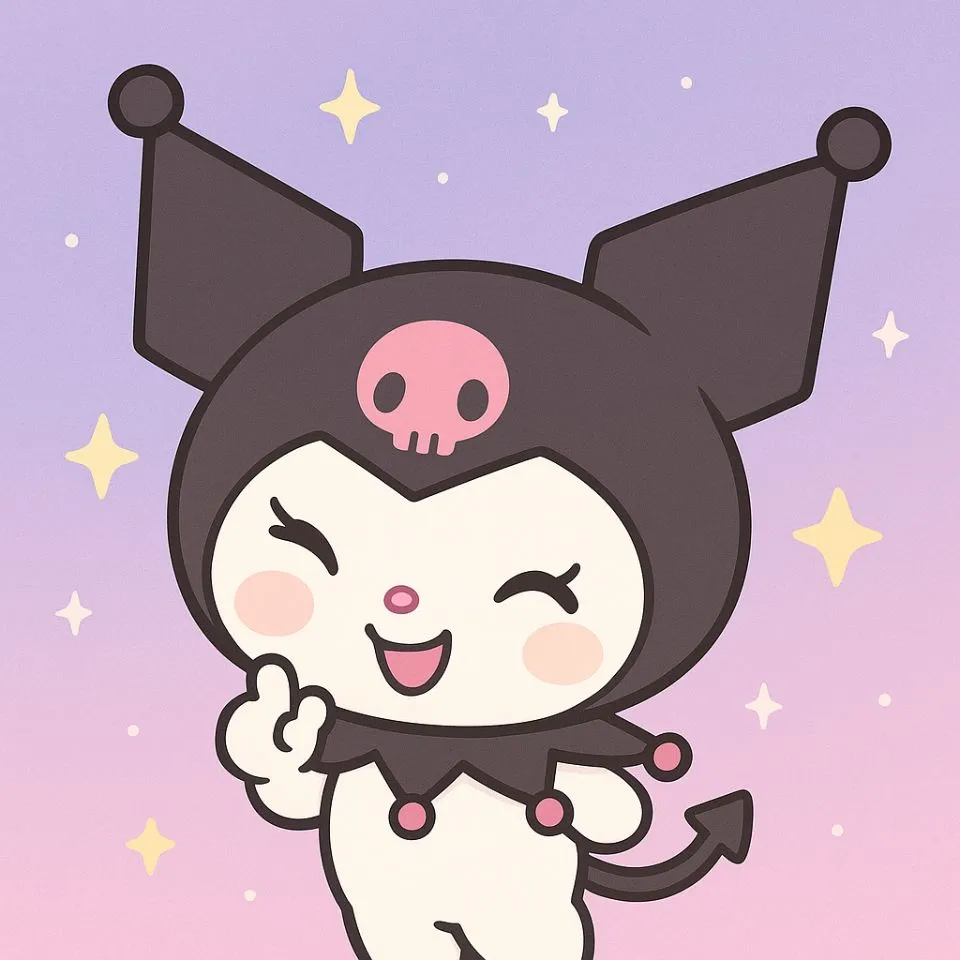 Kuromi winking with kawaii stars background