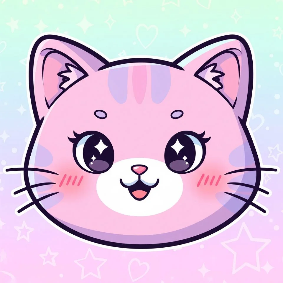 cartoon pink cat avatar with round face and shiny eyes