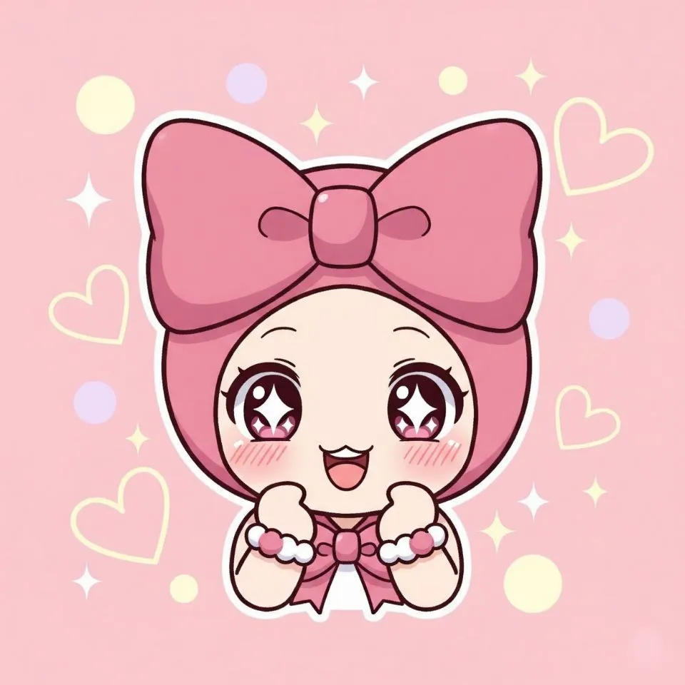 chibi-style character with pink bow and joyful expression