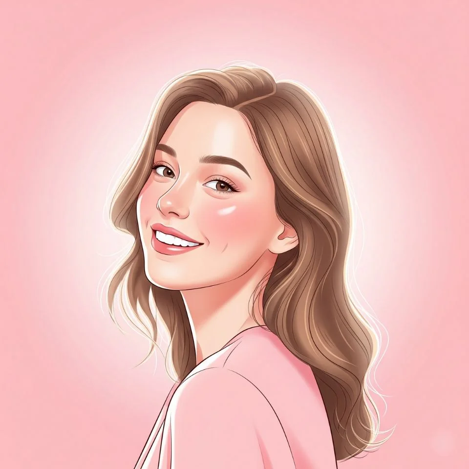 young woman smiling in pastel pink outfit with soft background
