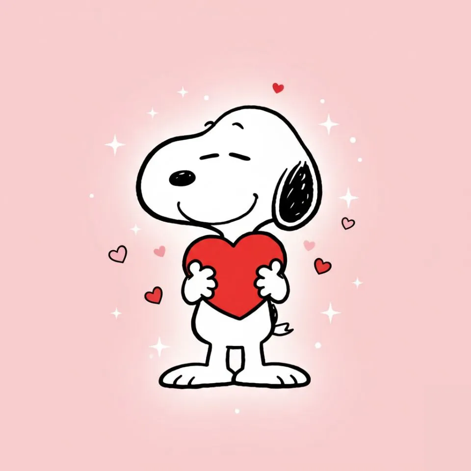Snoopy holding a red heart with shy smile