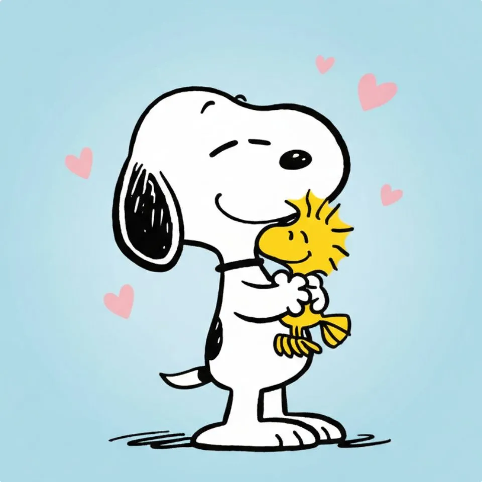 Snoopy hugging Woodstock in cartoon style