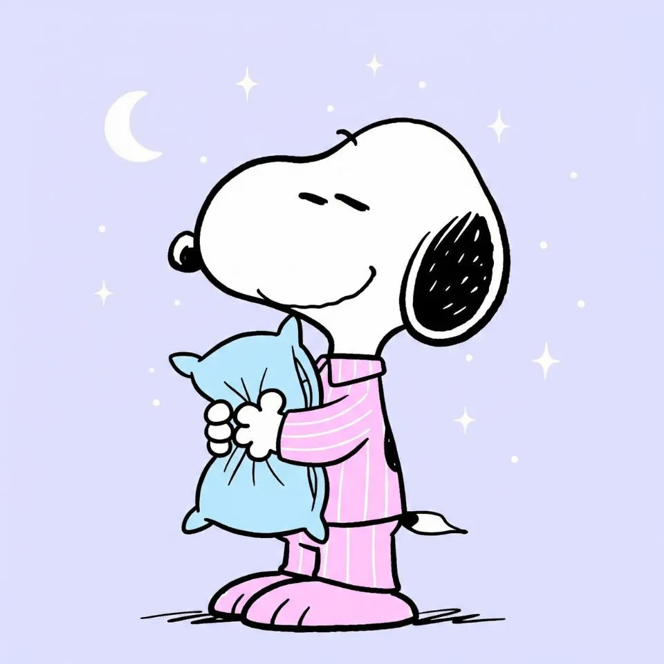 Snoopy in pink pajamas holding pillow