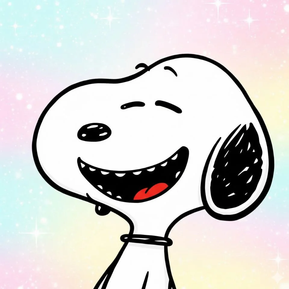 Snoopy smiling with sparkly cartoon background