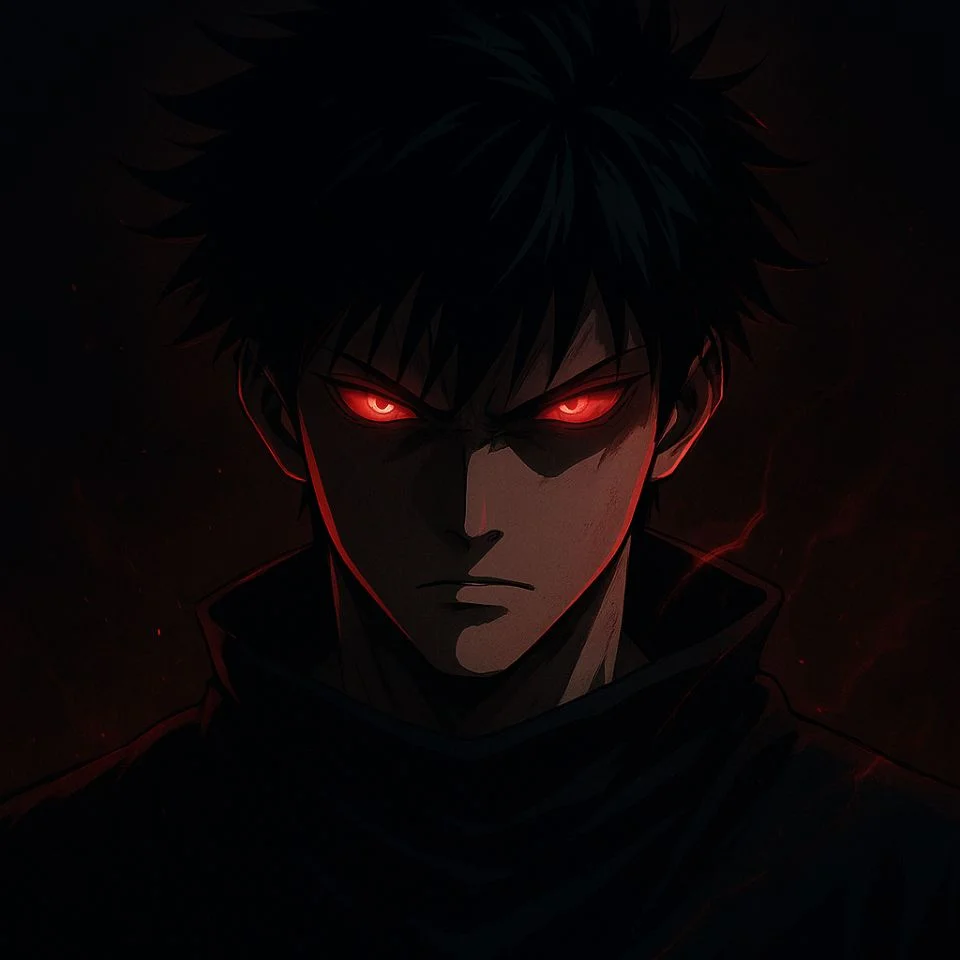 Dark anime Toji edit with glowing red accents
