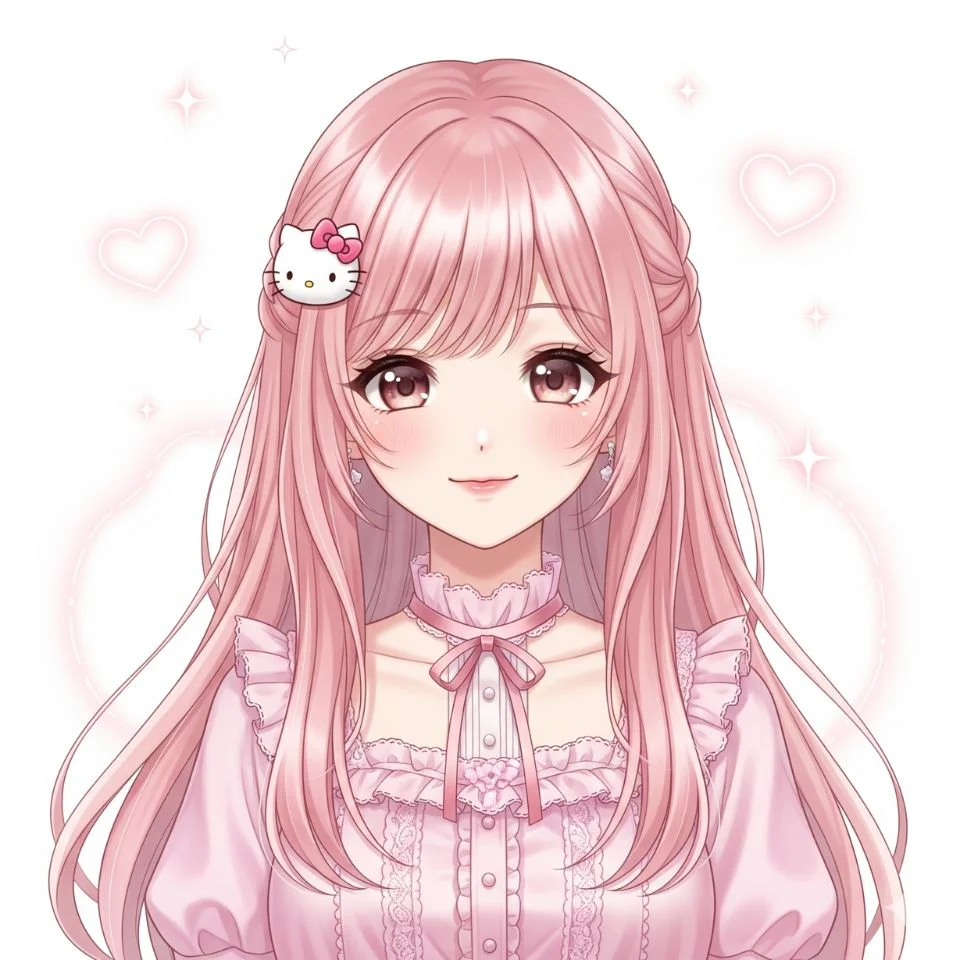 anime-style girl in pink dress with Hello Kitty hair clip