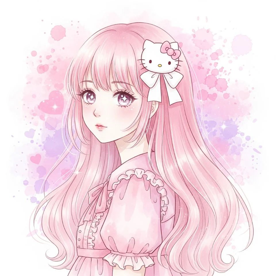 pastel watercolor anime girl with pink hair, Hello Kitty clip, and dreamy heart background