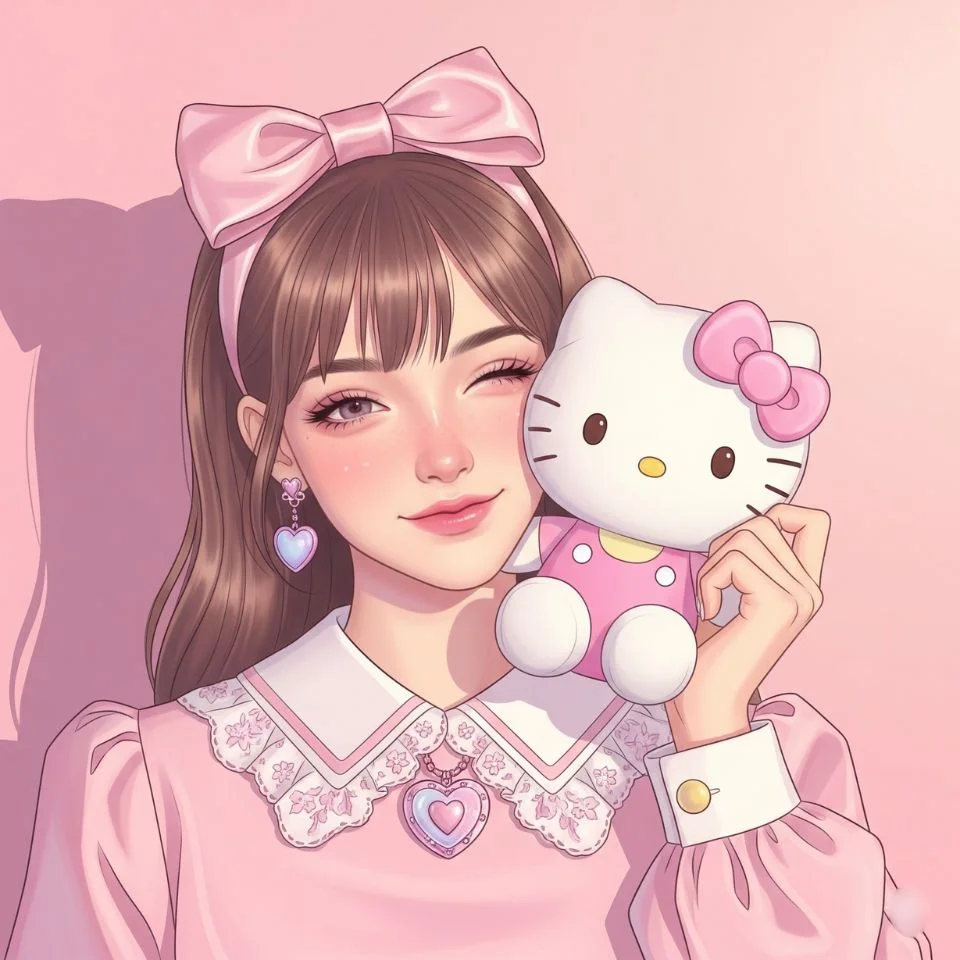 girl in pastel outfit posing with Hello Kitty plush on pink background