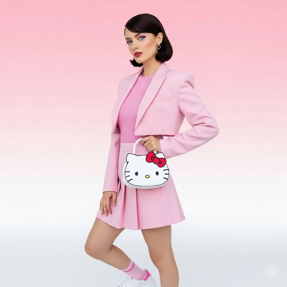 fashion model in pink outfit holding Hello Kitty bag