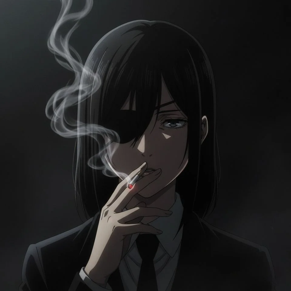 Dark Himeno PFP smoking with shadows