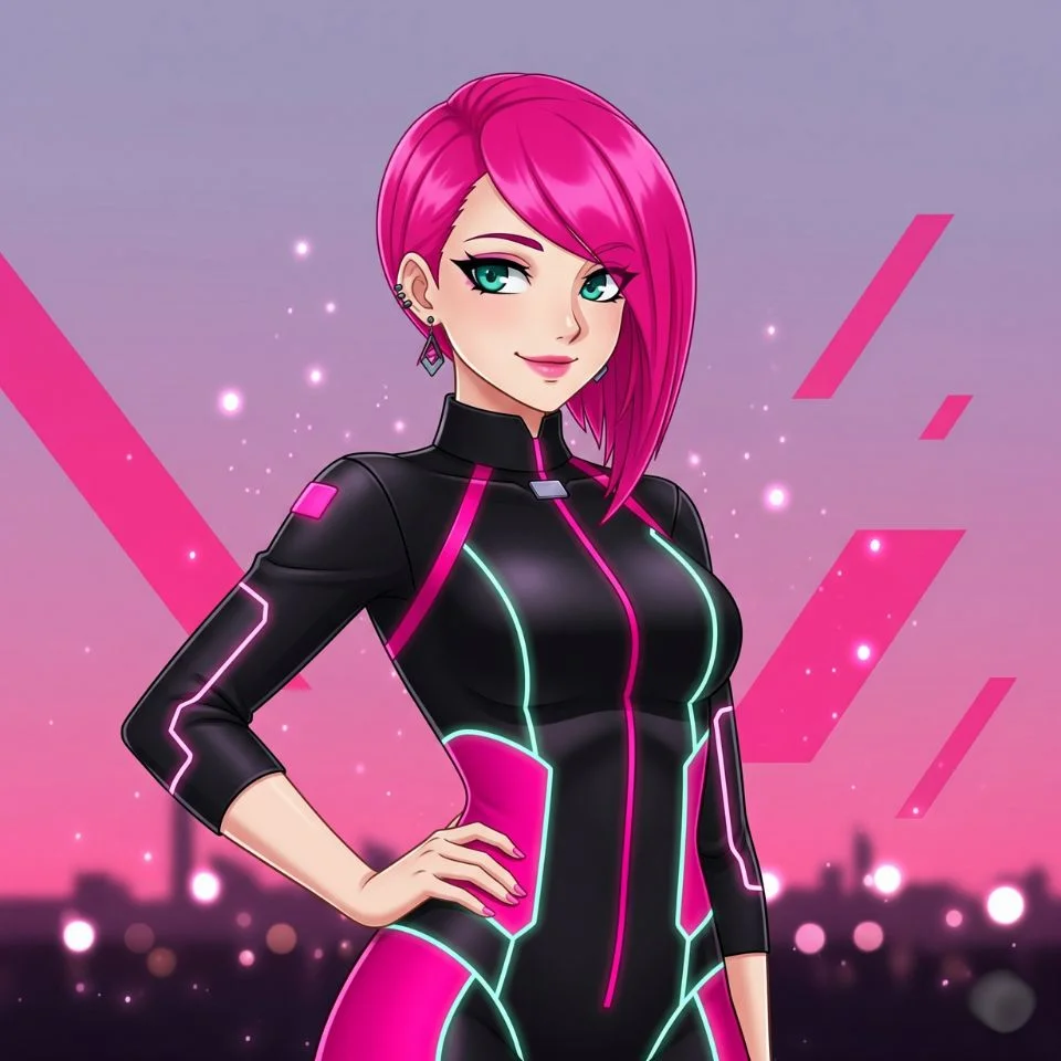 anime girl with hot pink hair and confident pose