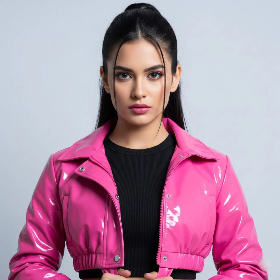 portrait of young woman in hot pink jacket with strong look