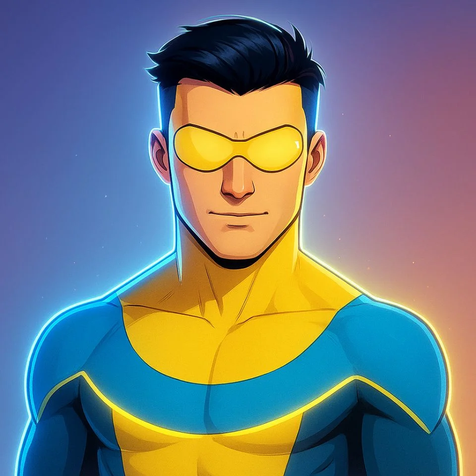 stylized Invincible portrait in blue and yellow suit glowing
