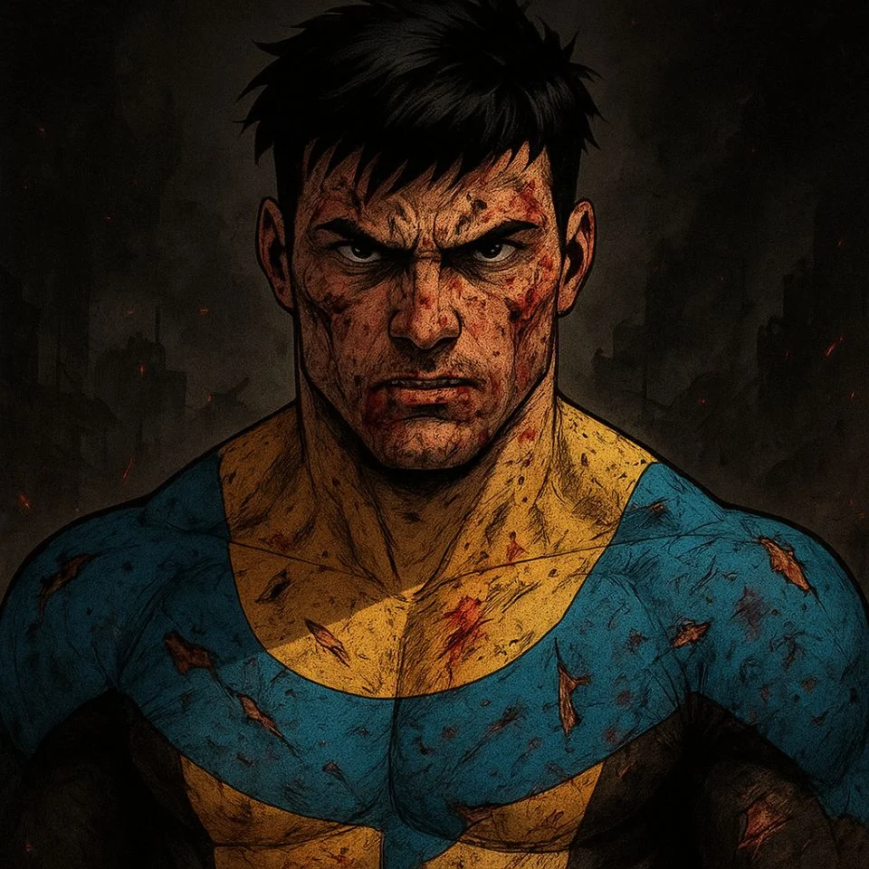 Invincible in blue suit with scratches and bruises mid-battle
