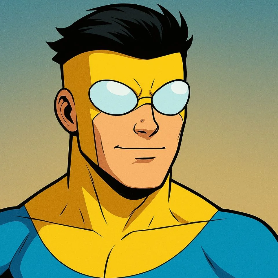close-up of Invincible’s face in his blue and yellow suit