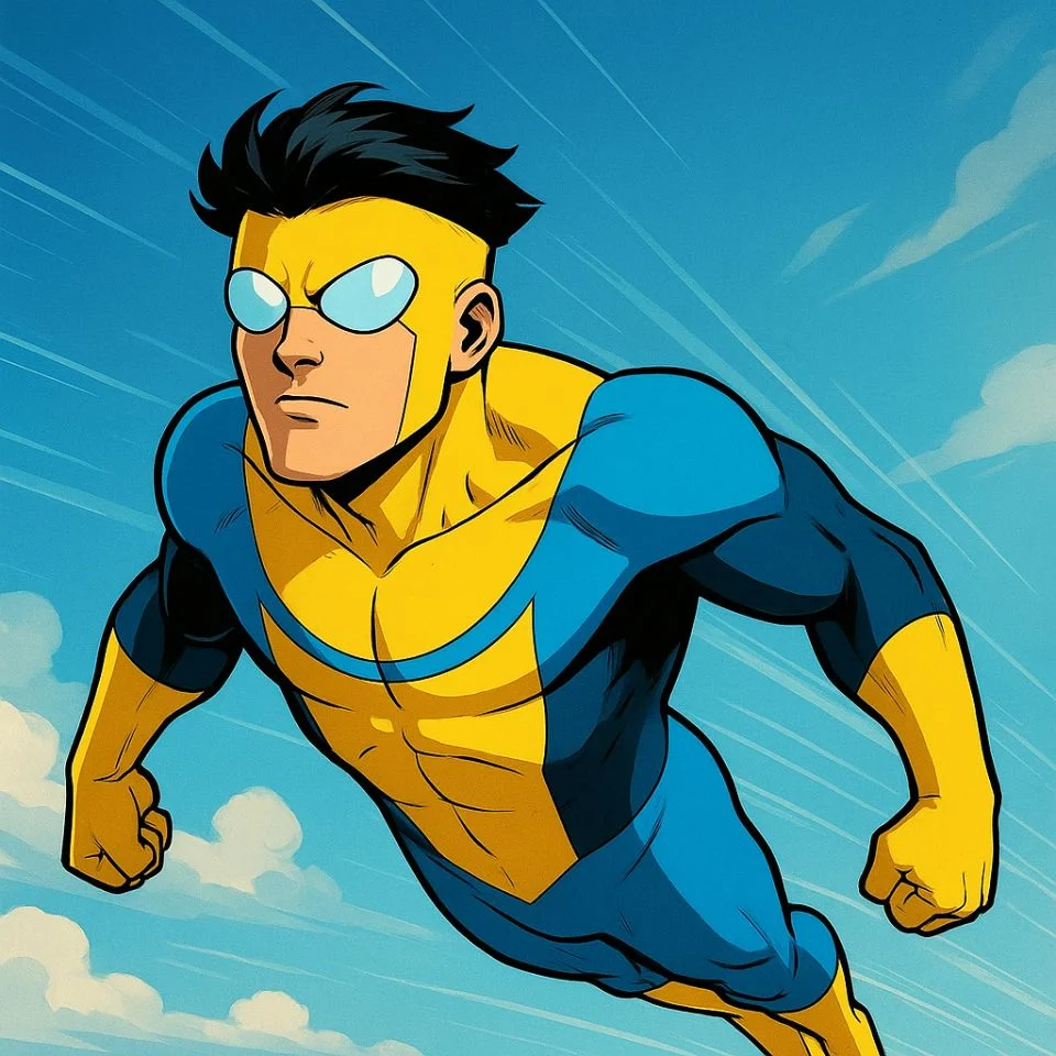 Invincible flying high in blue suit with determined face