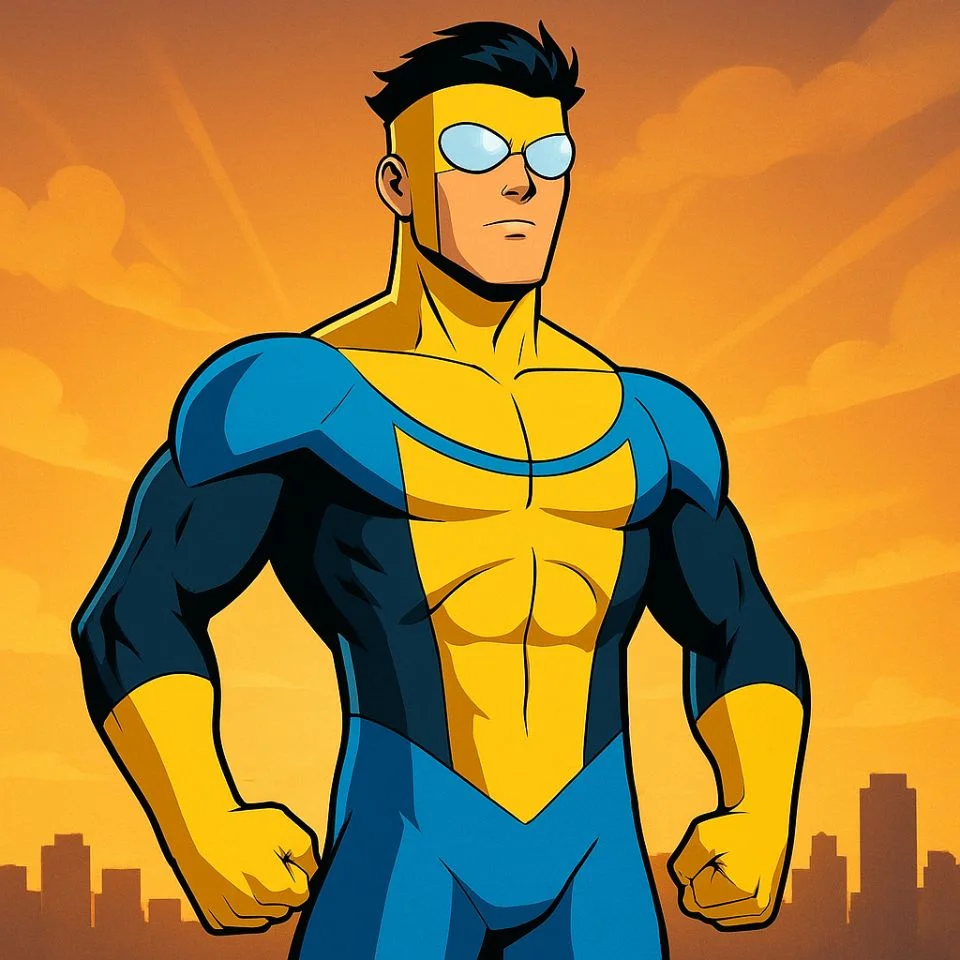 Invincible standing tall in blue and yellow suit with fists clenched