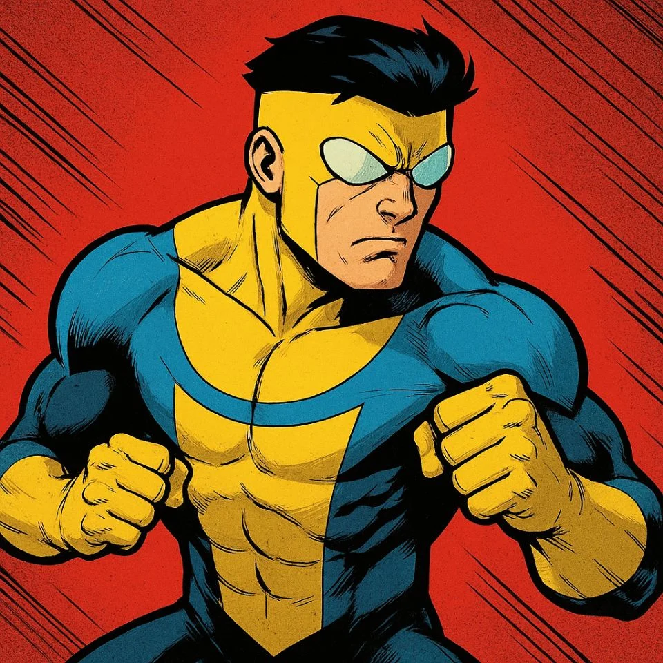 comic panel of Invincible in iconic blue suit ready for fight