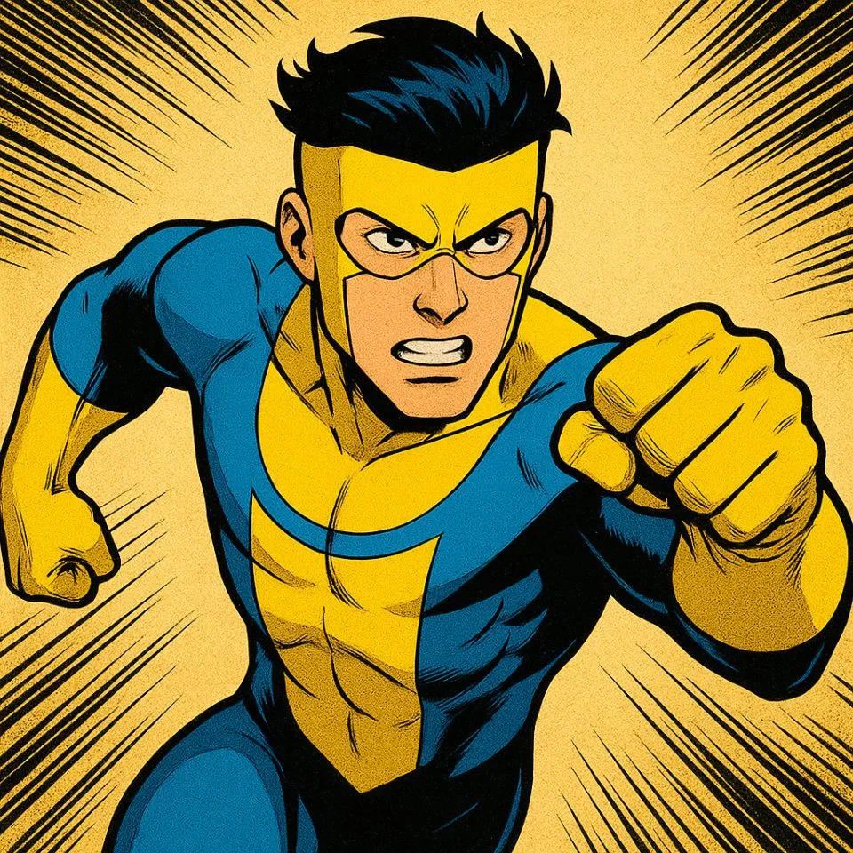comic panel of Invincible in blue and yellow suit mid-action