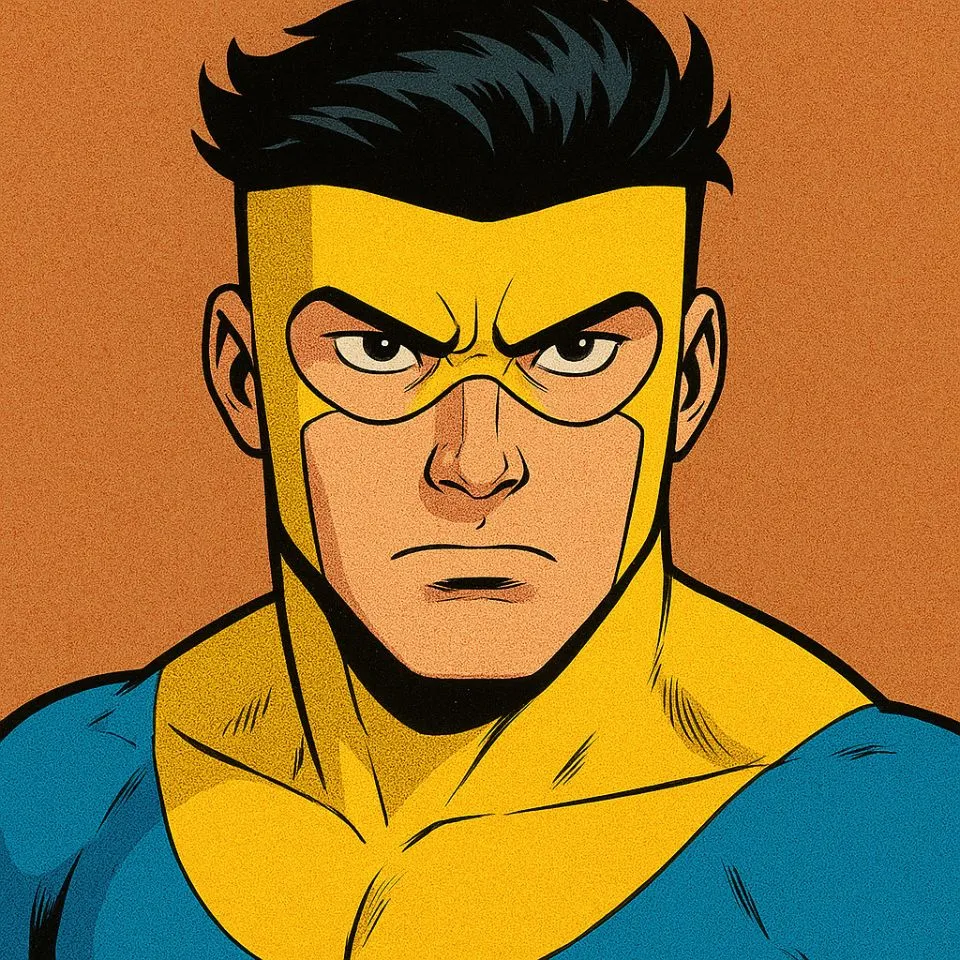 close-up comic drawing of Invincible’s determined face