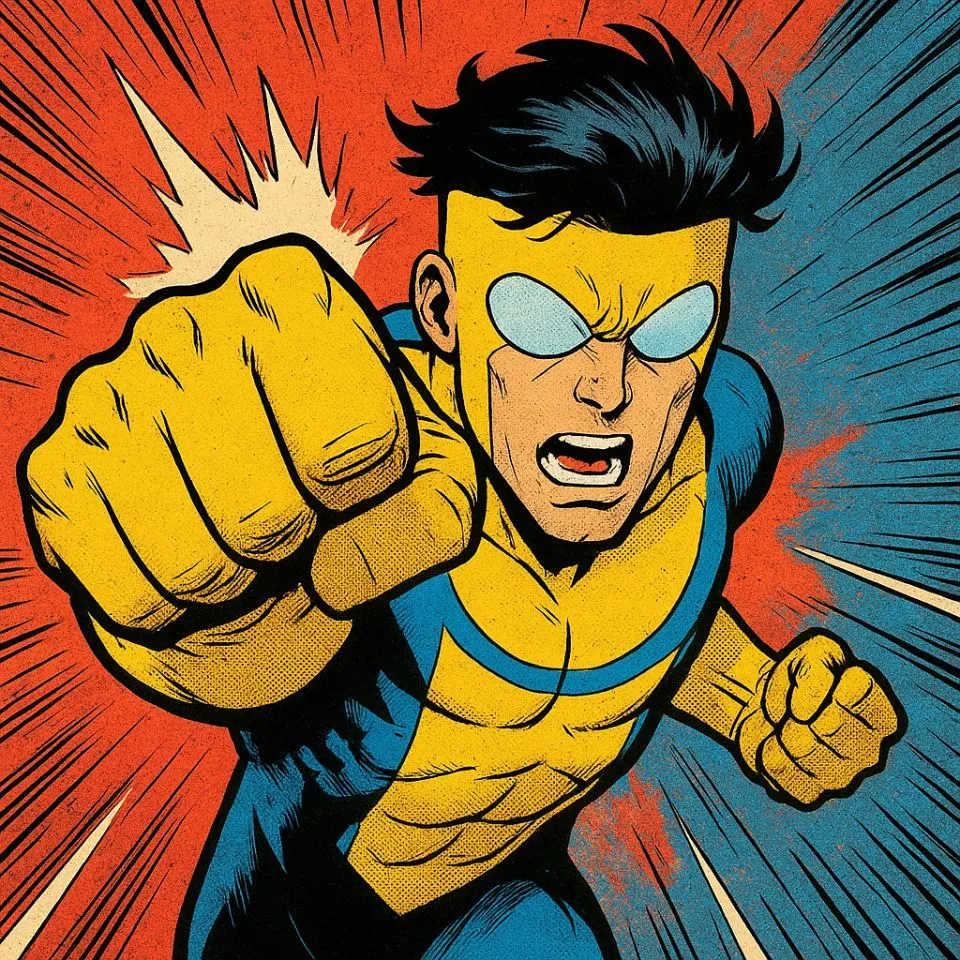 comic panel showing Invincible mid-battle punch