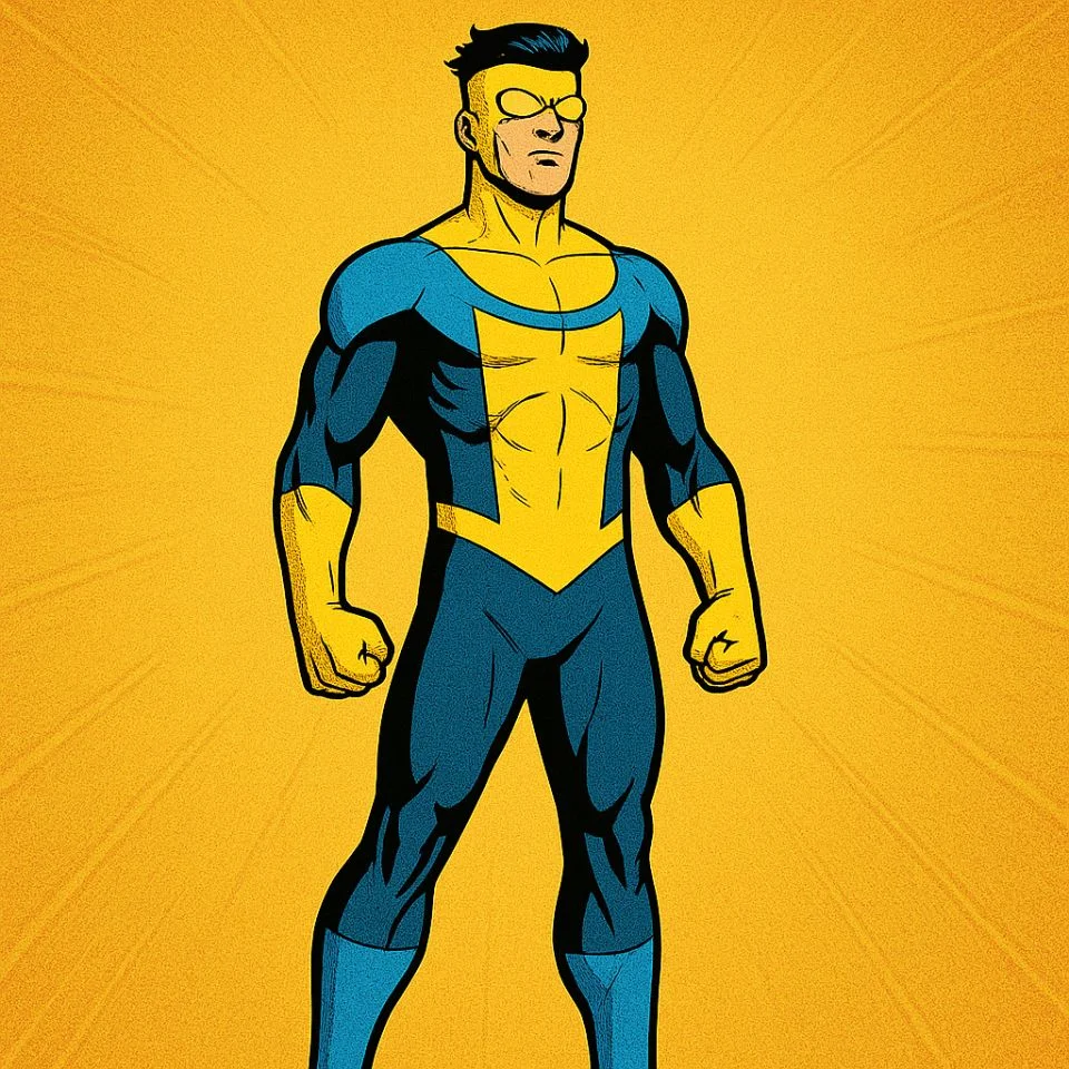 classic comic art of Invincible standing tall with clenched fists