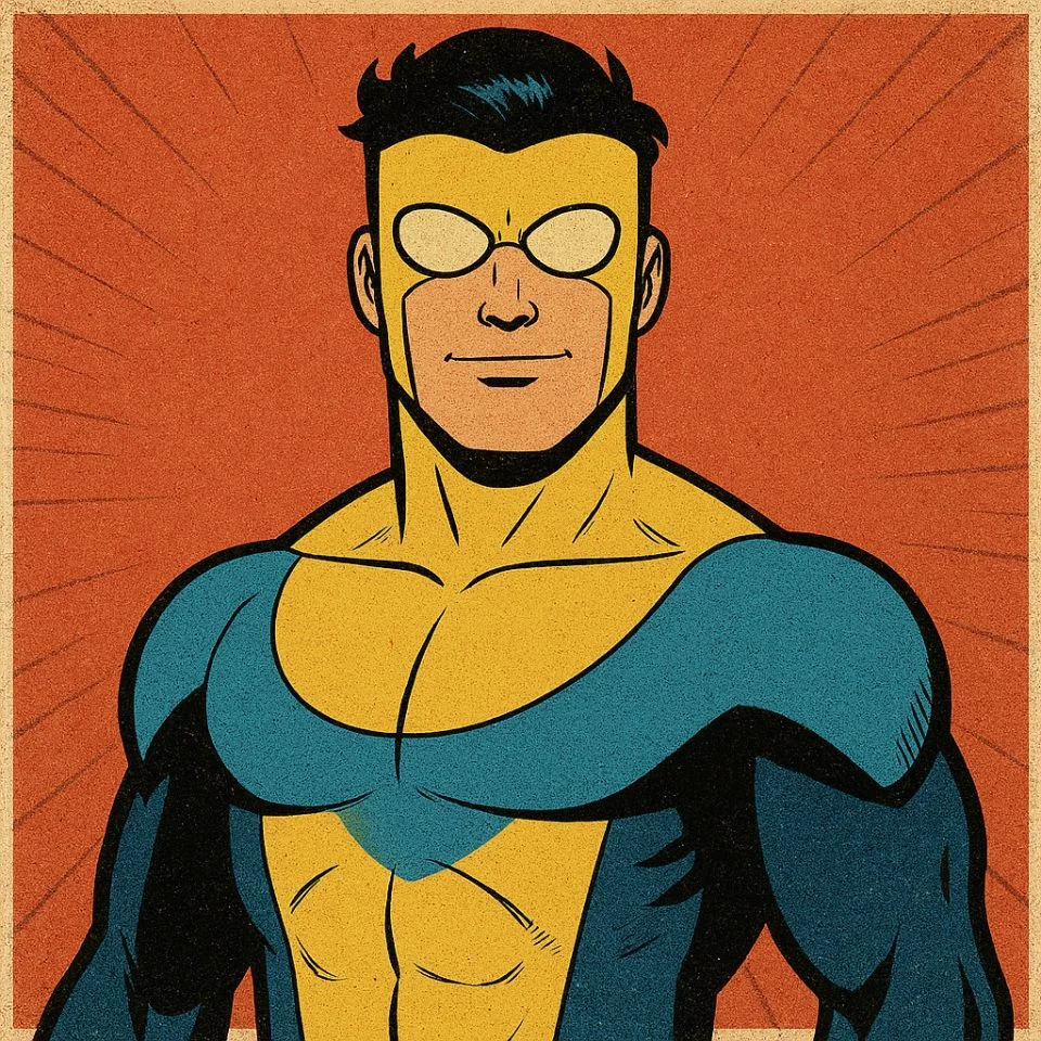 retro-styled Invincible comic art with heavy ink lines