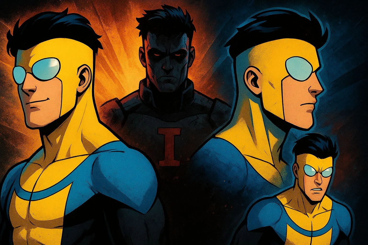 collage of Invincible profile pictures including Mark Grayson, blue suit, and dark variants