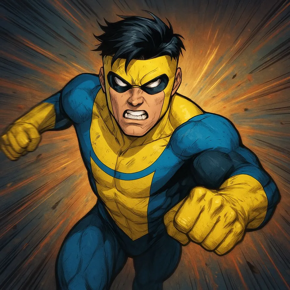 Invincible mid-battle pose with motion blur effect