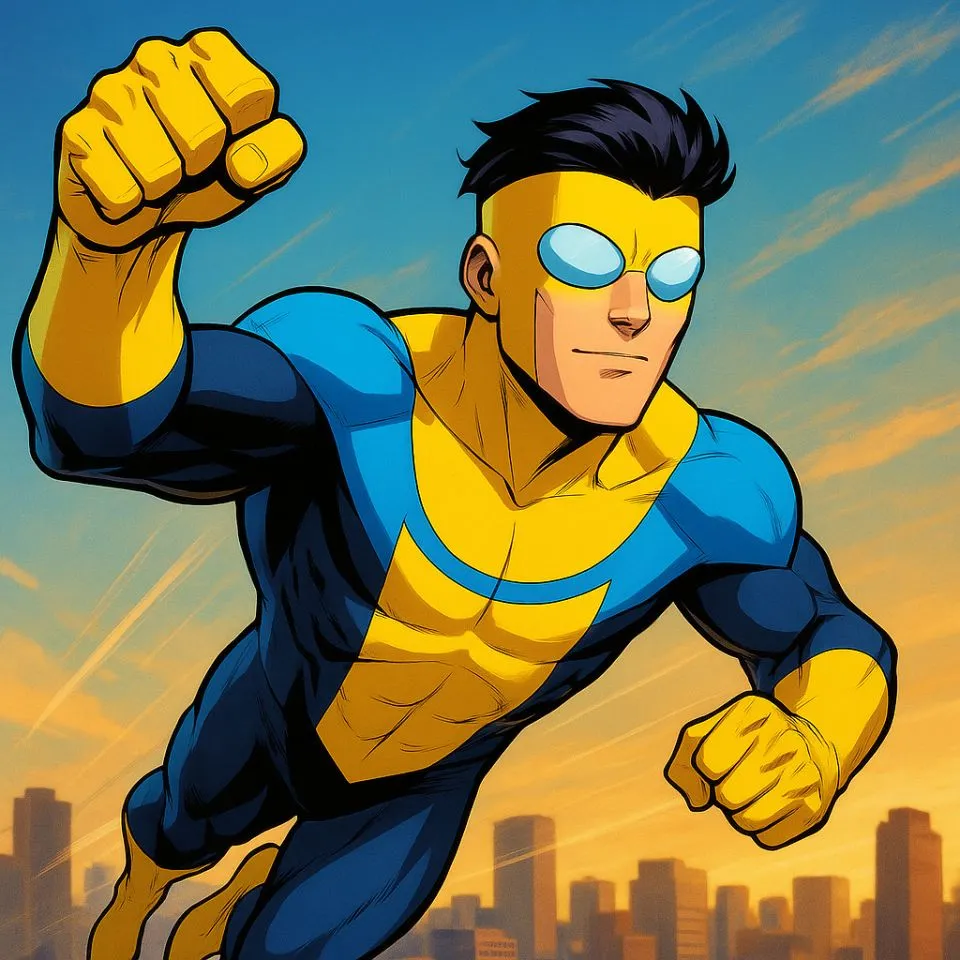 Invincible flying above skyline with fists ready