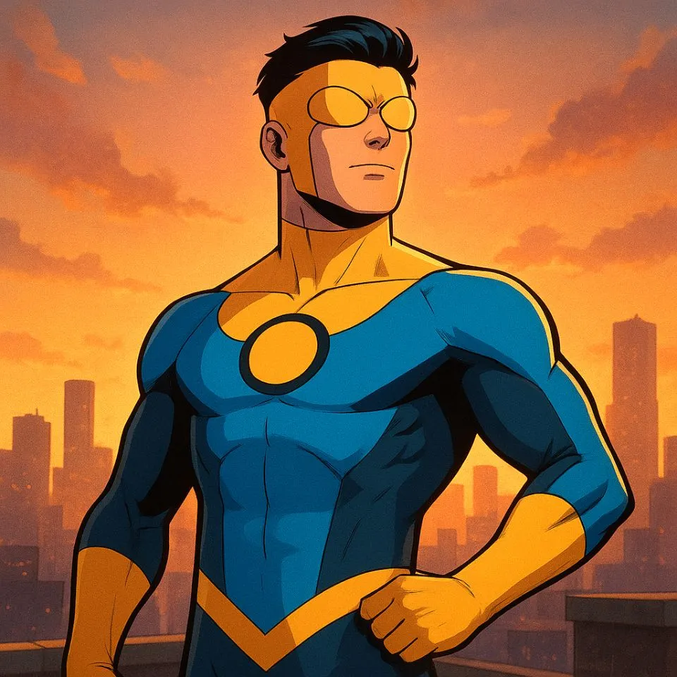 Mark Grayson Invincible standing heroically with city backdrop