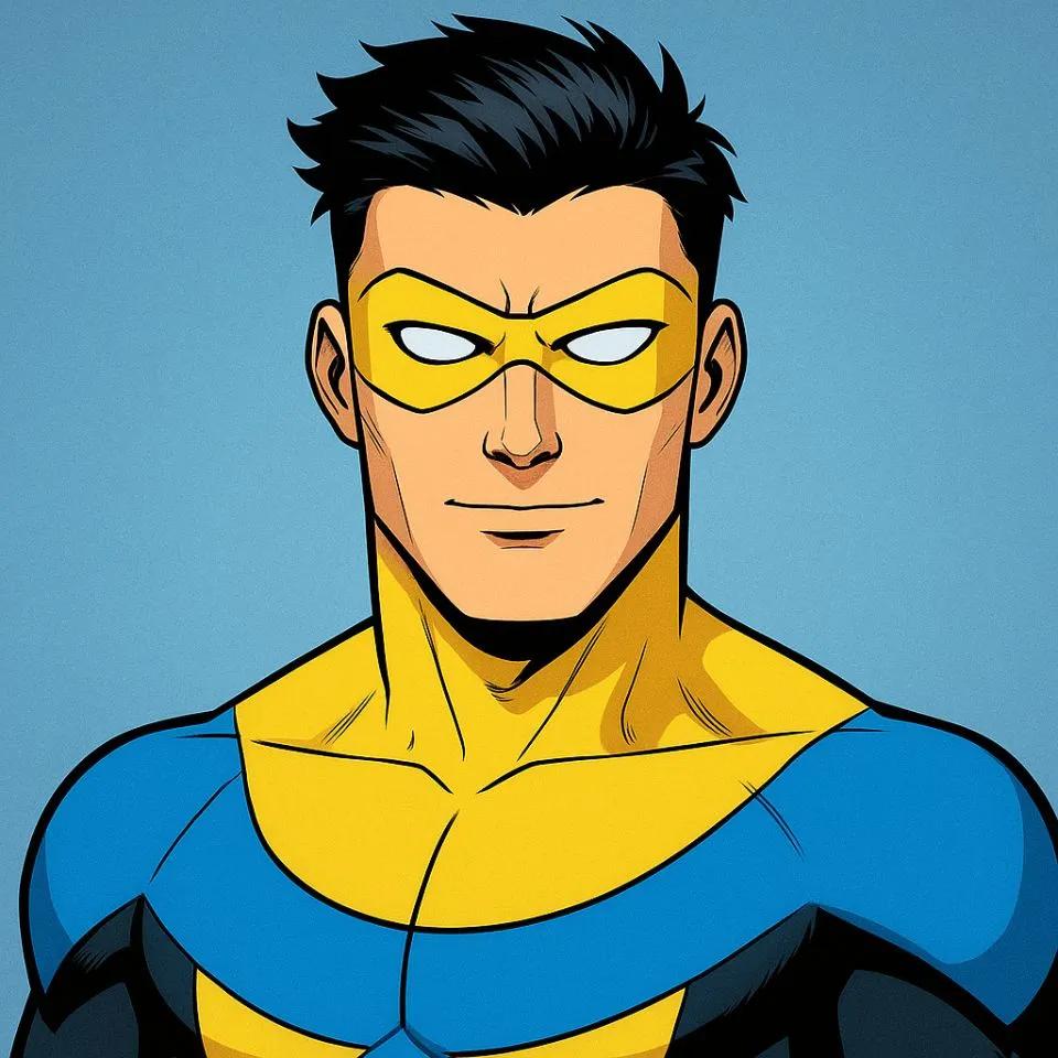 comic-style Invincible portrait in classic yellow and blue suit