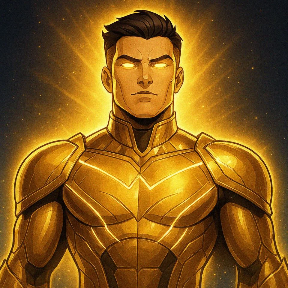 golden armor Invincible variant shining in bright light