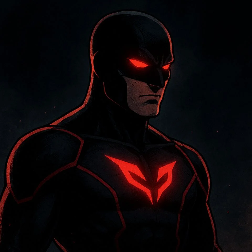 Invincible wearing a red and black alternate suit design
